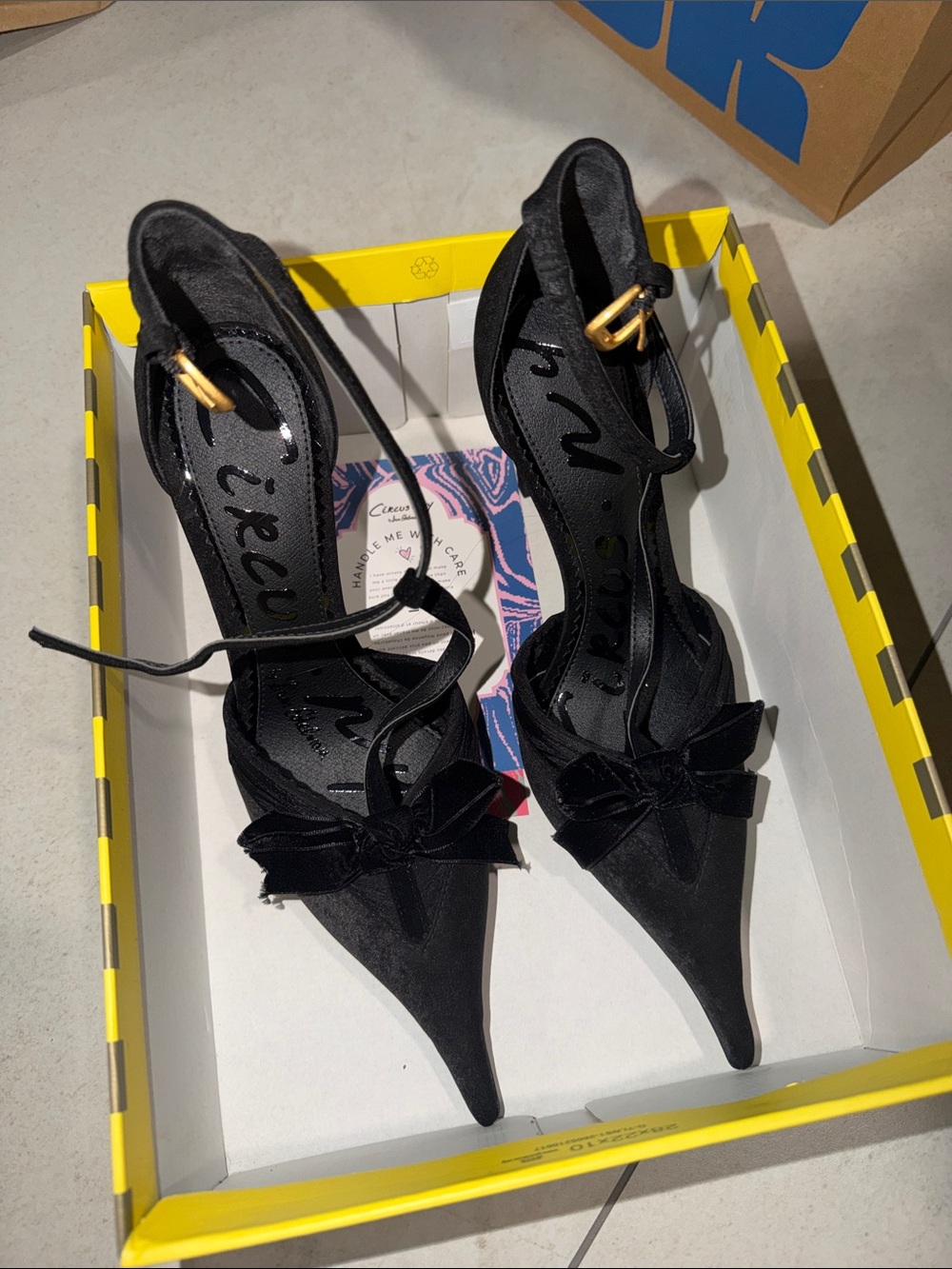 Circus by Sam Edelman Black Pointed Toe Ankle Tie Heels with Bow Accent